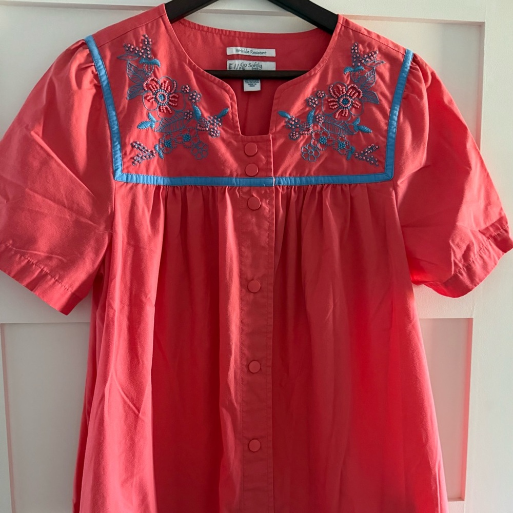 Go Softly Coral Patio Dress or Muumuu with Embroidery